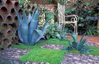 Agave americana planted within a chequerboard effect created by squares of flint and Helxine with Trachelospurnum jasminoides growing through a wall of arched ridge tiles and Campanula takesimana and Hosta 'Francee' beside a white metal seat