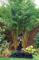 Dramatic border of Phyllostachys aureosulcata f. spectabilis, Ophiopogon and bronze statue - Queensgate, Bristol NGS