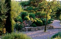 Clipped pine trees on terrace above stone wall - La Chabaude, France 