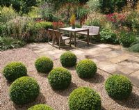 Gravel terrace with Buxus -Box topiary balls, wooden table and chairs on patio and herbaceous perennial border