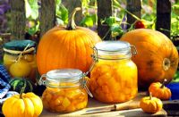Glass jars of preserved pumpkins