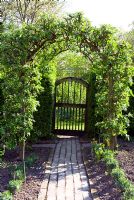 Decorative wooden gate and brick path with espaliered fruit arch