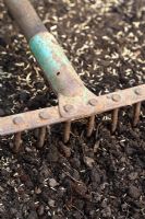 Step 4 of planting grass seed - Raking seed lightly into soil