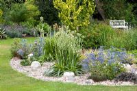Eryngium x oliverianum and Eryngium agavifolium planted in a bed covered with pebbles and rocks