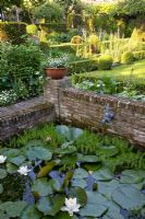 Large garden pond spout and planting of Nymphaea