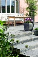 Bolivian black slate steps leading to house and terrace, Lavandula stoechas 'Papillion' in container 