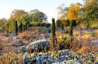 Frost on perennials and grasses at Broughton Grange, Oxfordshire