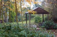Wooden gazebo and birch trees in Autumn at Honeybrook House Cottage, Worcestershire