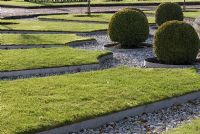 Oramental lawns separated by white pebble paths with globe shaped Buxus sempervirens - Box - Trentham Gardens, Staffordshire