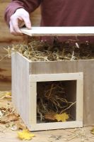 Step by step 7 of making a hedgehog house - Placing lid on wooden box full of straw and dry leaves