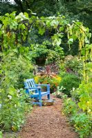 Potager with seating area and runner beans growing over an archway - Phaseolus 'Neckargold' and 'Blauhilde' 