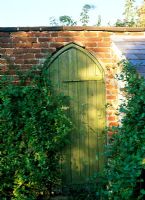 Gothic wooden garden gate set in old brick wall - Horkesley Hall, Essex