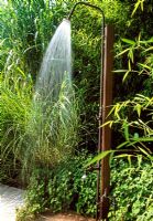 Outdoor shower with bamboo and grass planting