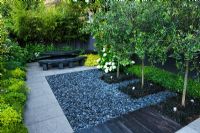 Small contemporary garden with polished grey pebbles and Catalpa underplanted with Ohiopogon in square beds - London