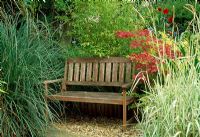 Wooden seat with bamboo and Acer palmatum behind - 28A Braces Lane, Bromsgrove, Worcestershire