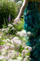 Woman touching flowers in garden