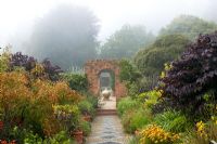 Hot Borders. Misty summer morning at Cloudehill gardens, Olinda, Victoria, Australia. Perennial borders, with Eucalyptus trees as backdrop. Arts and crafts style garden, owned and created by Jeremy Francis.