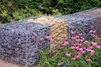 Gabions filled with different stones at Birmingham Botanical Gardens