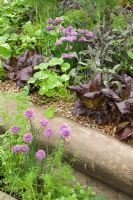 Chives, Tropaeolum 'Alaska', red leaved lettuce and sage growing in raised beds made of rustic wooden poles. Chelsea Flower Show RHS 2009 

