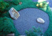 Japanese influenced design of this shady Boston suburban garden. Aerial view of small pines embedded in a creeping plant circle and gravel with set stones 