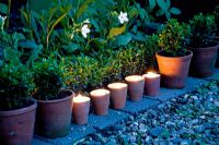 Lit candles in terracotta pots edging flowerbeds