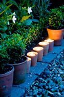 Lit candles in terracotta pots edging flowerbed