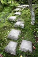 Square stepping stones across moss, Isuien Garden, Nara, Japan