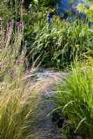 Slate path through borders of ornamental grasses, edged with upturned glass bottles