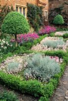 Formal physic herb garden with Buxus  topiary hedges, Santolina and Saxifraga x urbium - Greys Court Oxfordshire