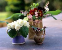 Trio of containers with cut spring flowers, Primula, lily-of-the-valley and mouse plant - Charlotte Molesworth's garden, Kent