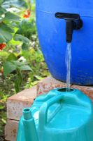 Watering can being filled with water from a plastic water butt