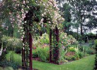 Rose Garden with  climbing Rosa 'Cecile Brunner' and Clematis 'Vagabond' on arch. Goltho House, Lincolnshire