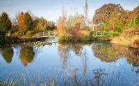 Picturesque aboretum lake and twin Monet style bridges, autumn colour from trees and shrubs at Wilkins Pleck (NGS) Whitmore near Newcastle-under-Lyme in North Staffordshire