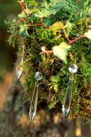 Decorative hanging basket with moss and chandalier droplets