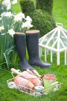 Wellies with a collection of pots in basket and cloche