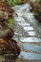 Path of slate and sea washed pebbles in the West Country town garden, one of the model gardens. RHS Garden Rosemoor, Great Torrington, Devon, UK