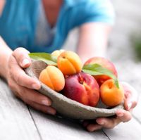 Woman holding apricots and nectarines in bowl