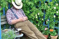 Middle aged gardener sleeping in garden arbour with a glass of beer, Norfolk, UK, June