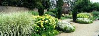 The White Garden at Loseley Park with planting including Hebe, Hydrangea arborescens 'Annabelle' and Miscanthus sinensis 'Variegatus'