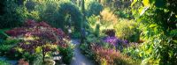 A path leads through perennials, grasses, shrubs and trees in the garden at Pinsla Lodge, Cornwall