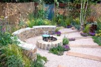 Brick built rustic fire pit, crushed recycled ceramic gravel path with sleepers - 'The Fire Pit Garden' - Silver Medal Winner at the RHS Hampton Court Flower Show 2010 
