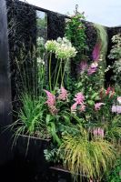 Raised beds with a living wall of Ophiopogon planted with moisture loving plants - RHS Tatton Park Flower Show 2010