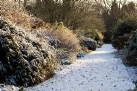 Snow on double borders with lawned path