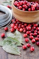Making a Cranberry and Bay leaf decorative ring - Cranberries, bay leaves and wire
