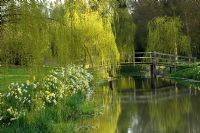 Lake in country garden in spring. Great Thurlow Hall, Suffolk, UK
