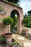 Brick wall with arch and pots with standard Laurus nobilis - Bay trees. Dianthus edging diagonal stepping stone path. Parsons Cottage
