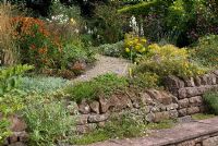 Terracing with red sandstone walls, stone seats and gravel path with late summer borders planted with perennials and grasses including Calamagrostis acutiflora 'Overdam', Helenium 'Rubinzwerg', Salvia patens, Microseris 'Girandole, Spirea 'Candlelight', Galtonia candicans, Potentilla 'Hopleys Orange' and Geranium 'Joy'  at Church View, Appleby-in-Westmorland, Cumbria NGS