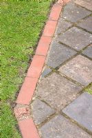Detail of lawn edging and path made from reclaimed Southport paviours and red bricks - Brocklebank Road, Southport, Lancashire NGS 

