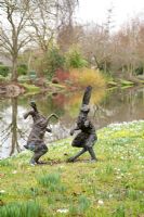Dancing hare bronze statue sculptures by Ann Richardson. Chippenham Park, Cambridgeshire