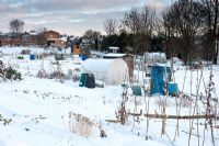 Allotment in snow covered landscape